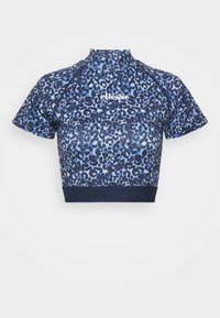 Blue leopard print crop top with a high collar, short sleeves, and a fitted design. Features a navy band at the bottom and logo in white.