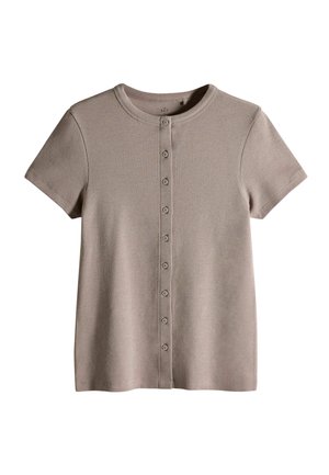 Short-sleeve beige top, ribbed texture, round neckline, button-down front with six buttons, straight hemline, casual design.