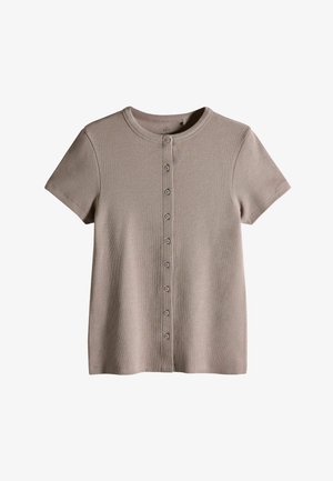 Kortärmad beige topp, ribbad textur, rund halsringning, knäppning fram med sex knappar, rak fåll, avslappnad design.