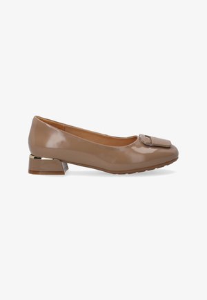 Beige patent leather ballet flats with a square toe, decorative buckle, and a low block heel with a metallic accent. Smooth texture.