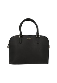 Sac à main en cuir noir avec deux poignées et fermeture éclair dorée, avec un petit logo de marque doré centré près du haut.