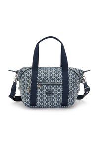 Navy blue patterned shoulder bag with a textured exterior, dual top handles, and an adjustable strap. Features a front zip pocket and logo detail.
