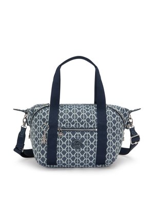 Navy blue patterned shoulder bag with a textured exterior, dual top handles, and an adjustable strap. Features a front zip pocket and logo detail.