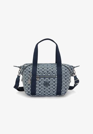 Marineblaue Schultertasche mit Muster und strukturiertem Außenmaterial, doppelten Tragegriffen und verstellbarem Riemen. Sie verfügt über eine vordere Reißverschlusstasche und ein Logo-Detail.