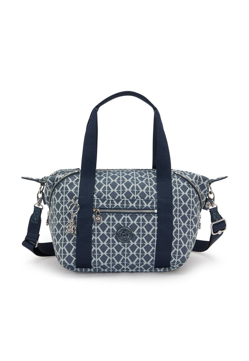 Navy blue patterned shoulder bag with a textured exterior, dual top handles, and an adjustable strap. Features a front zip pocket and logo detail.