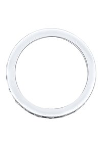 Cirkulär spegel med en smal, slät vit ram och en reflekterande yta; har subtila texturerade detaljer längs kanten.
