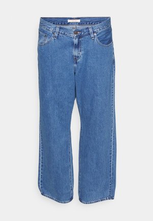 Blå denim bredbenede jeans med høj talje, fem lommer og subtil falming. Har en knaplukning og syning detaljering.
