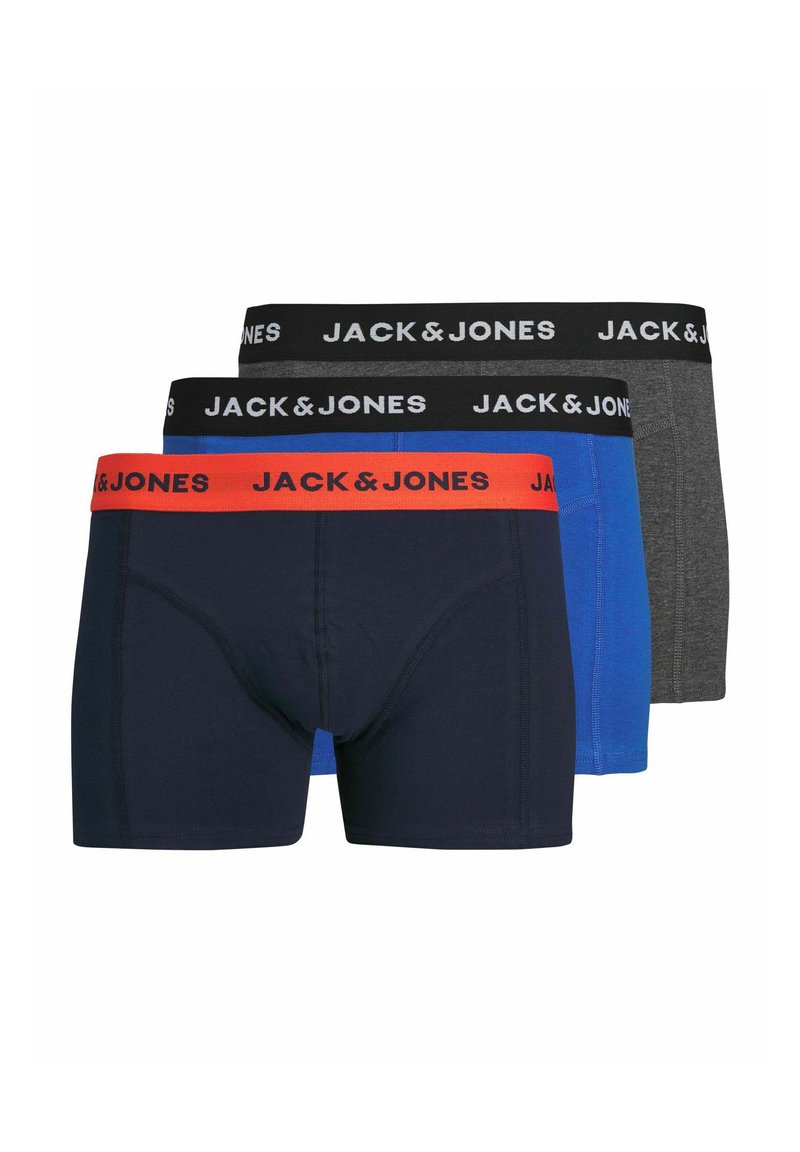 Drei Paare Herren-Boxershorts. Farben: marine mit rotem Bund, blau mit schwarzem Bund, grau mit schwarzem Bund. Aus Baumwolle.