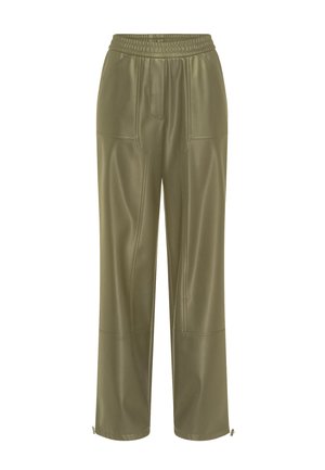 Olive green faux leather pants with an elastic waistband, wide leg design, side pockets, and zippers at the cuffs. Smooth texture.