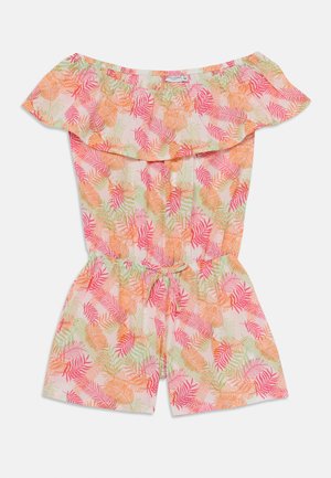Avkortet jumpsuit med avkortede ermer og volang i halsen, med et fargerikt palmebladmønster i rosa, oransje og grønt på en lys bakgrunn.