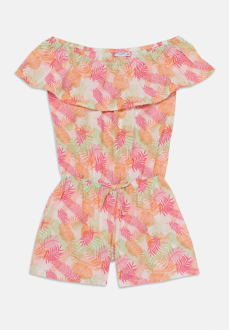 Combinaison off-the-shoulder avec un col en volants, présentant un motif coloré de feuilles de palmier en rose, orange et vert sur un fond clair.