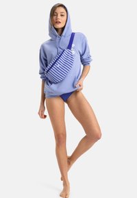 Light blue hoodie with a front pocket, paired with a blue striped fanny pack. The pack features a zip closure and a textured design.