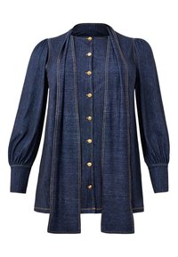 Denim-Hemd mit Puffärmeln, goldenen Knöpfen und kontrastierenden Stichen. In Navyfarbe mit lockerer Passform und offenem Design.
