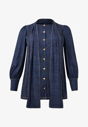 Denim-Hemd mit Puffärmeln, goldenen Knöpfen und kontrastierenden Stichen. In Navyfarbe mit lockerer Passform und offenem Design.