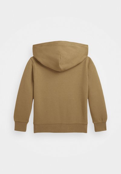 Felpa cappuccio marrone chiaro con una texture morbida, dotata di un ampio cappuccio, maniche lunghe e polsini ed orlo elasticizzati. Nessun marchio o motivo visibile.