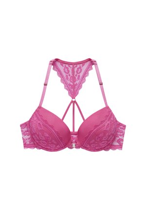 Pink lace bra with scalloped edges, padded cups, and a strappy design. Features decorative lace and a central hardware accent.