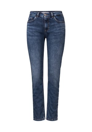 Jeans in denim blu scuro con taglio dritto, design a cinque tasche e un leggero sbiadimento. Presentano una chiusura con bottone e dettagli cuciti.