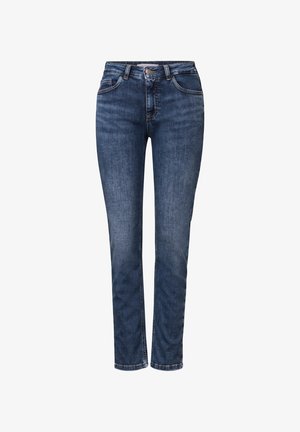 Pantalones vaqueros de mezclilla azul oscuro con corte recto, diseño de cinco bolsillos y ligeros desgastes. Presenta un cierre de botón y detalles de costura.