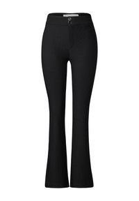 Pantaloni neri a coste svasati con vita aderente, dotati di chiusura con bottone e una leggera trama. Progettati per una vestibilità slim e comfort.