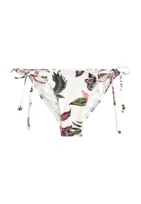 Bikiniunderdel i vitt tyg med rosa och gröna bladmönster, justerbara snören på varje sida och en slät yta.