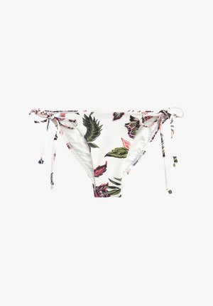 Bikiniunderdel i vitt tyg med rosa och gröna bladmönster, justerbara snören på varje sida och en slät yta.