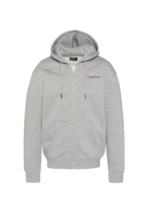Sweat à capuche zippé gris clair avec poches avant, cordons de serrage et logo "Schott NYC" brodé sur la poitrine gauche.