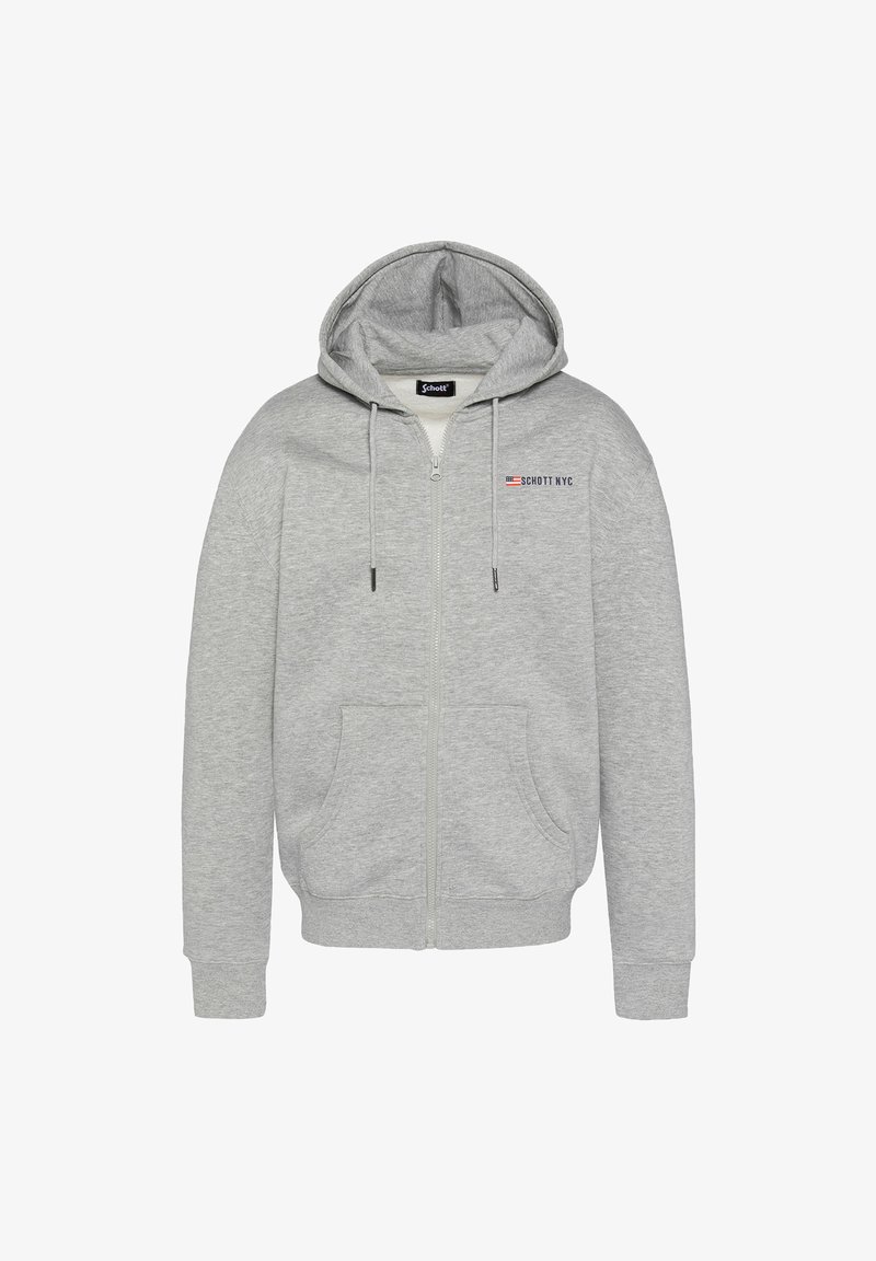 Sweat à capuche zippé gris clair avec poches avant, cordons de serrage et logo "Schott NYC" brodé sur la poitrine gauche.