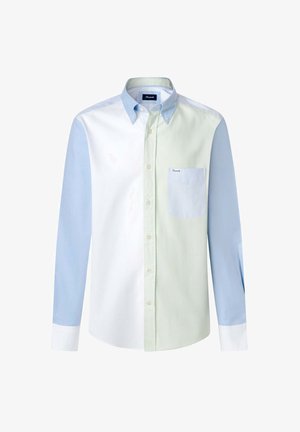Long-sleeve button-up shirt featuring a mix of white, green, and light blue sections, with a striped pocket and contrast white cuffs.