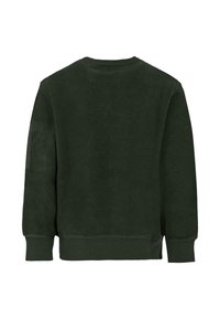Felpa verde scuro con una texture morbida, collo rotondo e maniche lunghe. Presenta polsini e orlo a costine, con un logo in rilievo discreto sulla manica.