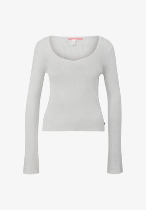 Jasnoszara, prążkowana sweter z długimi rękawami, szerokim dekoltem w serek i dopasowanym krojem. Posiada małą metkę po lewej stronie.