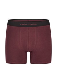 Boxer in misto cotone color bordeaux con elastico nero in vita recante la scritta "HAPPY SHORTS" in rosso. Trama liscia, design aderente.