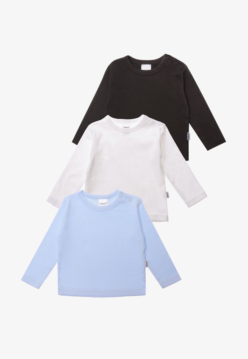 Drei Langarmhemden: schwarz, weiß und hellblau. Aus weichem Stoff mit runden Ausschnitten und Knopfdetails auf dem blauen Hemd.