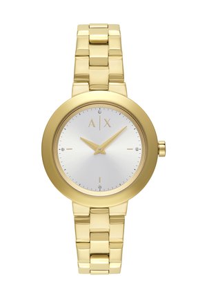 Polshorloge van metaal met goudkleurige afwerking, een witte wijzerplaat, gouden wijzers, minimale uurmarkeringen en het A|X-logo om 12 uur.