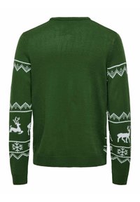 Maglione verde lavorato a maglia con motivi di renne e fiocchi di neve bianchi sulle maniche. Ha un collo rotondo e polsini e orlo a coste.