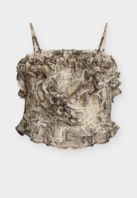 Αμάνικο κοντό τοπ με λεπτές τιράντες, μπεζ και καφέ σχέδιο φιδιού, με βολάν κατά μήκος του ντεκολτέ και του τελειώματος.