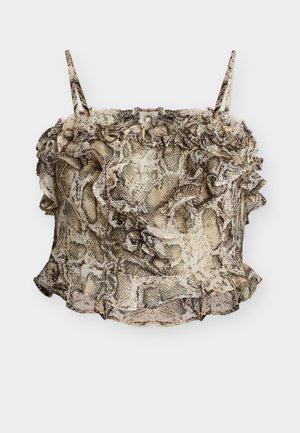 Αμάνικο κοντό τοπ με λεπτές τιράντες, μπεζ και καφέ σχέδιο φιδιού, με βολάν κατά μήκος του ντεκολτέ και του τελειώματος.