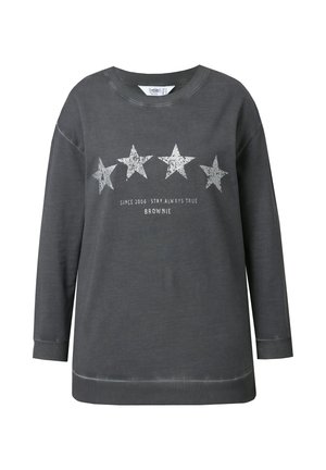 Grijze katoenen sweatshirt met lange mouwen, voorzien van een ronde halslijn en een zilveren sterrenpatroon met daaronder de tekst "Sinds 2006 - Blijf Altijd Eerlijk."