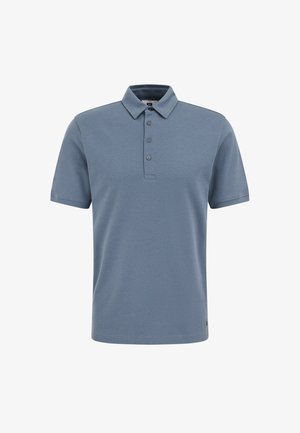 Polo shirt in light blue, short sleeves, with a classic collar and three-button placket. Made of soft fabric, features a subtle texture.