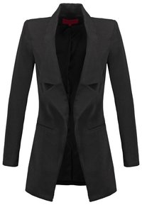 Svart kavaj med sjalkrage, gjord av slätt tyg, med öppniframside, två sidofickor och vinklade skärningsdetaljer.