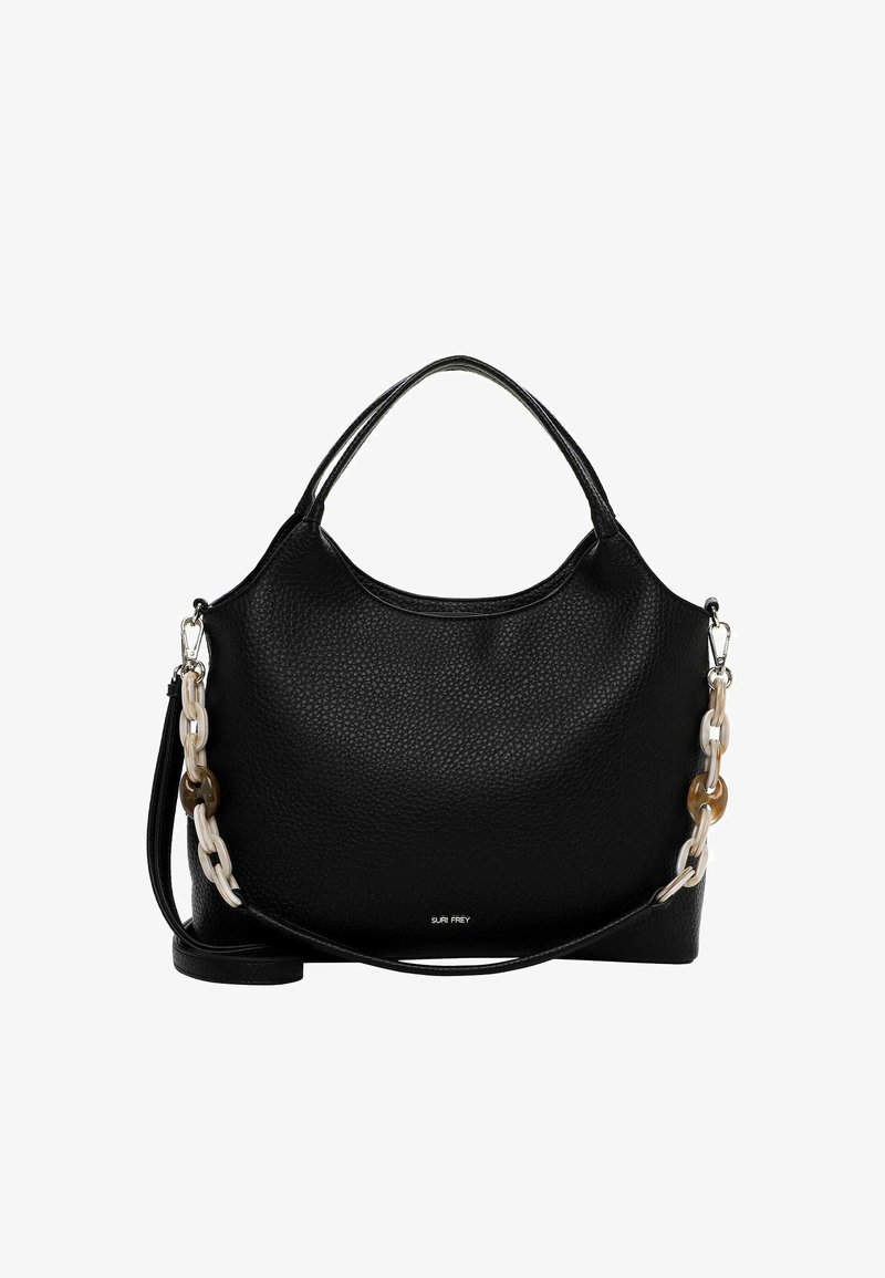 Czarna skórzana torebka o ziarnistej fakturze, wyposażona w krótki uchwyt oraz odpinany pasek na ramię z masywnym łańcuchem jako ozdobą.