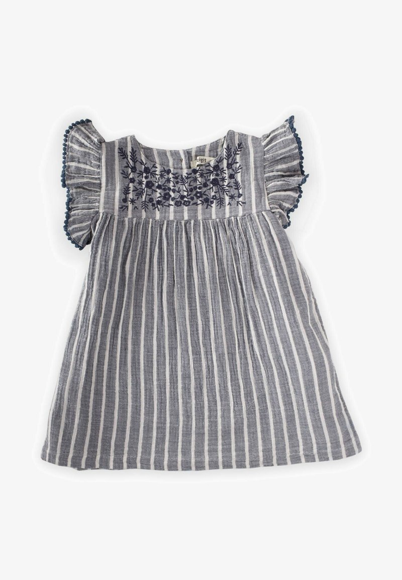 Pasiasta sukienka w odcieniach szaro-białych, z falbaniastymi rękawami, kwiatowym haftem i rozkloszowanym dołem. Wykonana z lekkiego materiału.