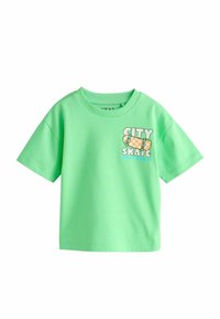 Tricou verde deschis cu mâneci scurte, din bumbac, cu un imprimeu grafic cu cuvintele „CITY SKATE” și un design cu skateboard pe față.