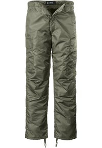 Pantalons cargo en olive, rembourrés, avec de multiples poches, fabriqués dans un matériau léger et durable, et dotés d'ouvertures de cheville réglables.