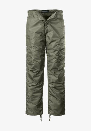 Olivenfarvede, polstrede cargo bukser med flere lommer, lavet af et let, holdbart materiale og med justerbare ankelåbninger.