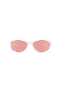 Occhiali da sole cat-eye bianchi con lenti rosa, caratterizzati da una finitura opaca liscia e senza hardware o decorazioni visibili.