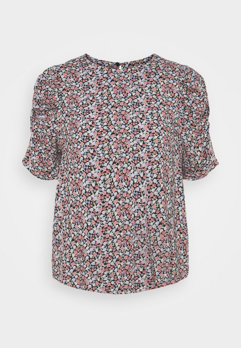 Blusa floral con mangas cortas abullonadas. Base negra con pequeñas flores rosas, azules y blancas. Cuello redondo y corte holgado. Tejido ligero.