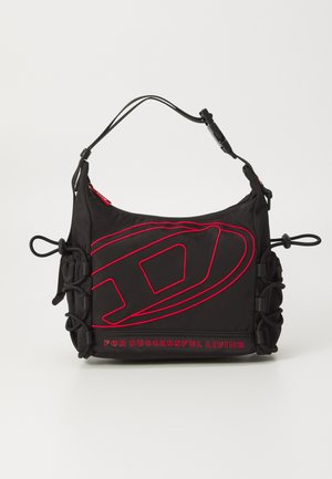 Black nylon shoulder bag featuring a red embroidered design and text, with adjustable straps and gathered accents on the sides.