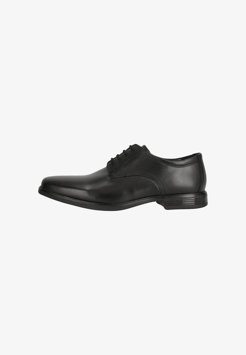 Chaussure de ville pour homme en cuir noir avec lacets fermés, finition lisse et talon bas, présentée en profil sur fond blanc.