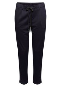 Pantalon fuselé bleu marine foncé avec poches avant et taille à cordon noir, présenté sur fond blanc.
