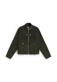 Groene corduroy jas met een opstaande kraag, een rits aan de voorkant en twee borstzakken met drukknoopsluitingen. Gestructureerde stof met verticale lijnen.